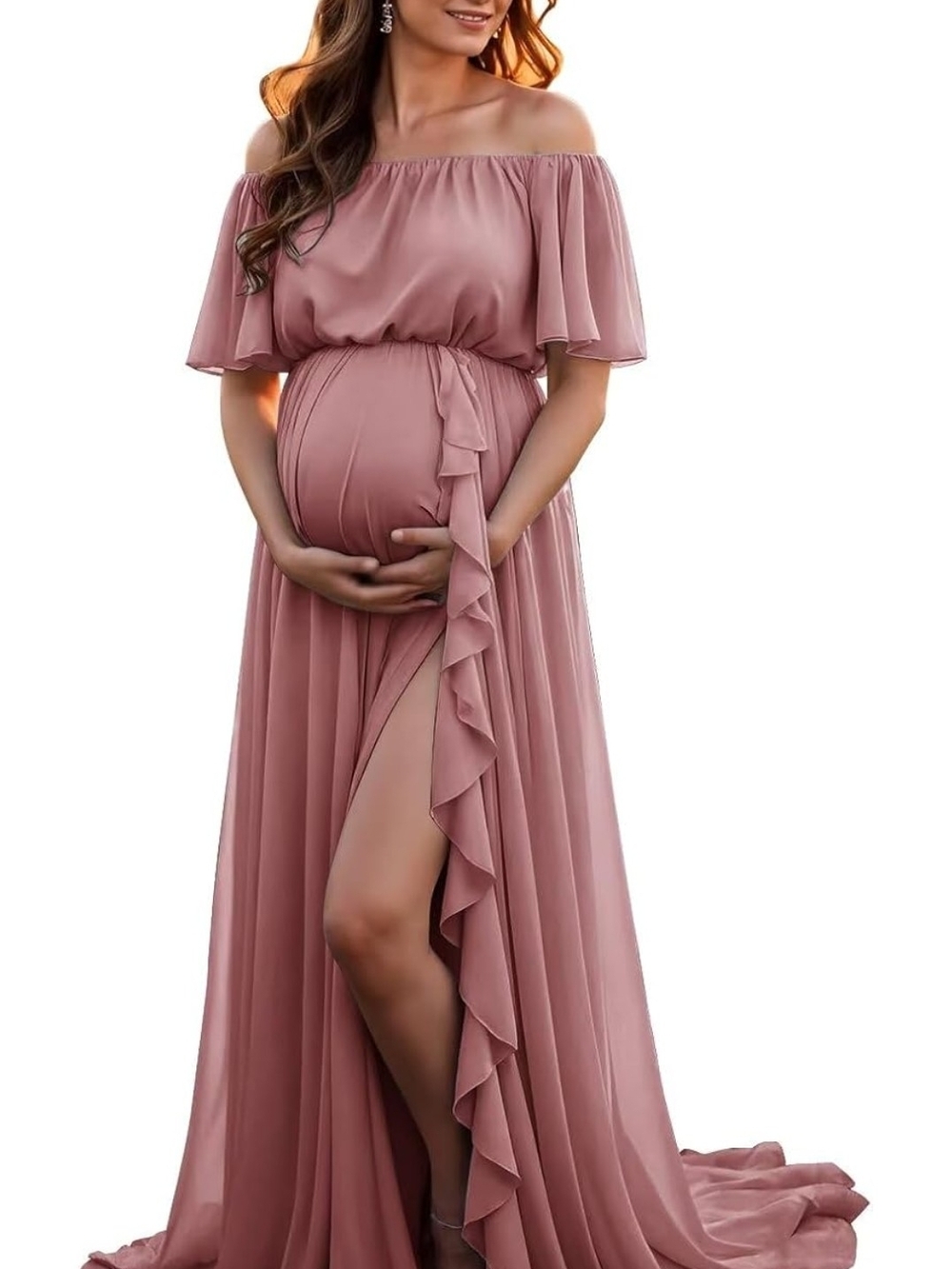 Off-Shoulder Maternity Maxi Dress in Dusty Rose